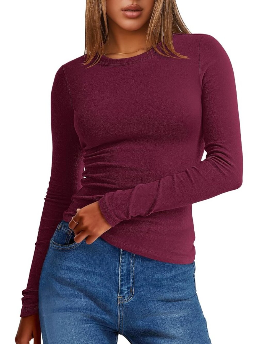 Women's Deep Grey Crew Neck Long Sleeve Slim Fitted Imported Tops Tee Shirts
